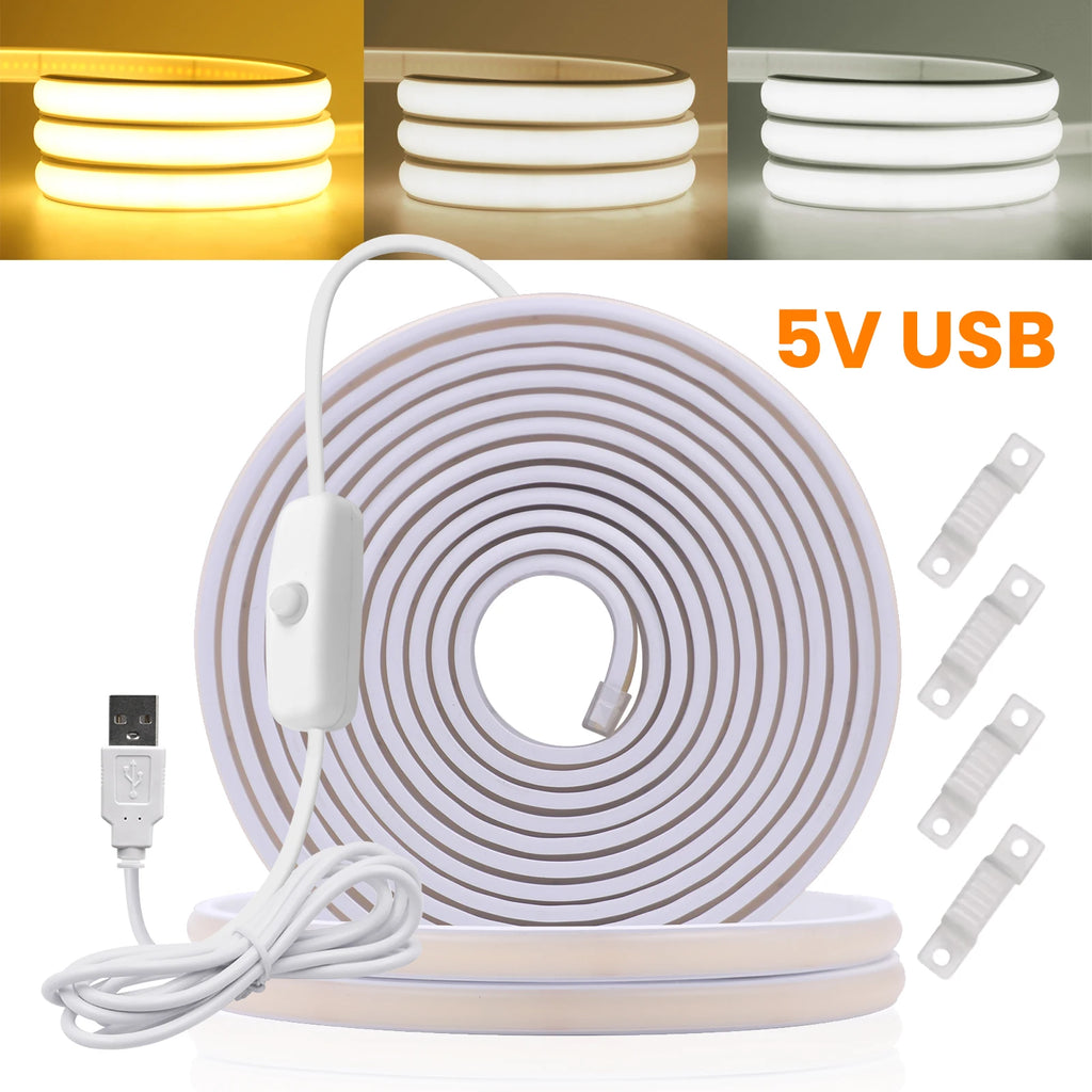 DC5V COB LED Strip With Switch 320Leds/m Flexible Neon Light USB Power Waterproof FOB LED Lights 3000K-6000K Ribbon Tape