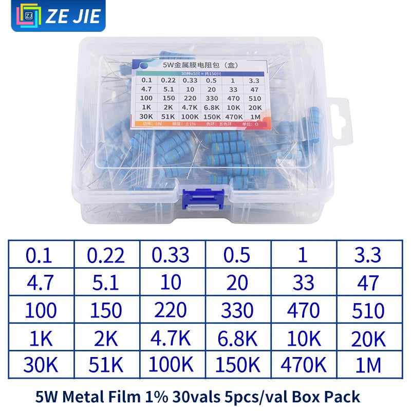 1/4W Metal Film Resistor Assortment Kit, 1/2W 1W 2W 3W 5W Through Hole Electronic Components Pack, 30/41/130 Kinds 1% Tolerance