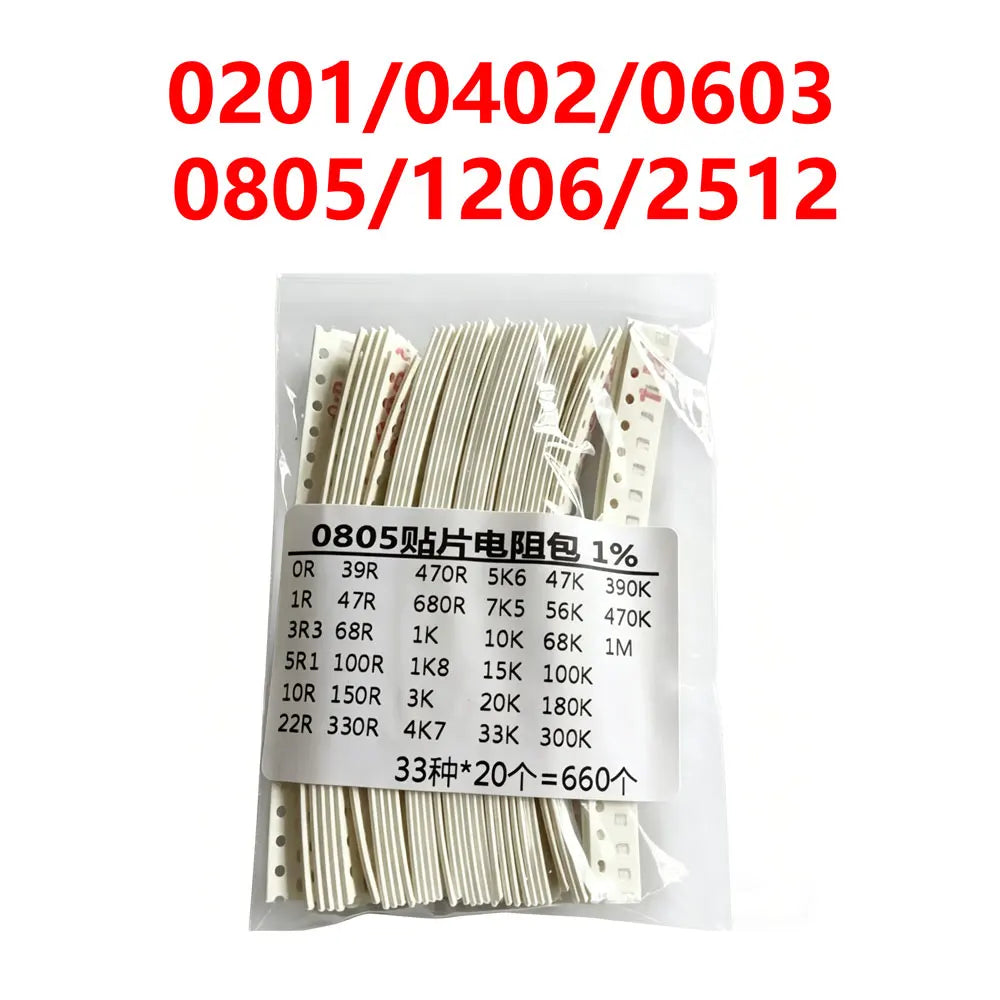 0201 0402 0603 0805 1206 1210 2512 Resistor Kit  33 ValuesX20=660PCS Pack Sample Kit Assorted 1K 10 150R 330 470 1.8 3 4.7k 5.1k