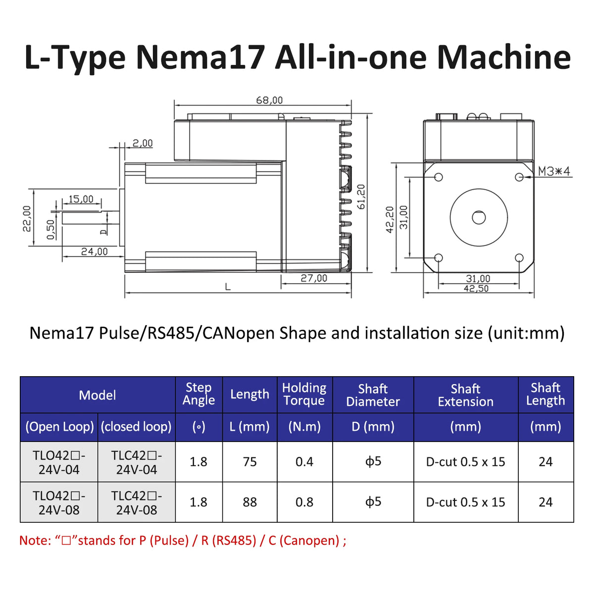 Lichuan Nema17 closed loop integrated motor DC24V Pulse/Modbus RS485/CANopen control optional motor diameter 5mm