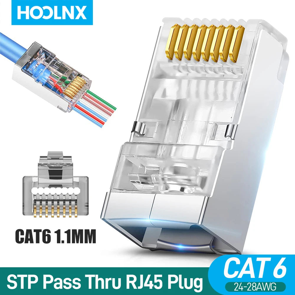 Hoolnx RJ45 Connector CAT6A CAT6 Pass Through Modular PLugs STP Shielded 50U Gold Plated Ethernet End Network Plug For Lan Cable