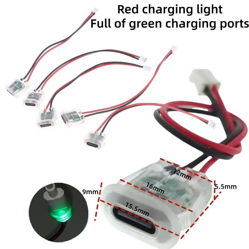 5/10Pcs Transparent 2Pin Waterproof USB-C Female Charging Socket With LED Light Type-C Power Input Connector