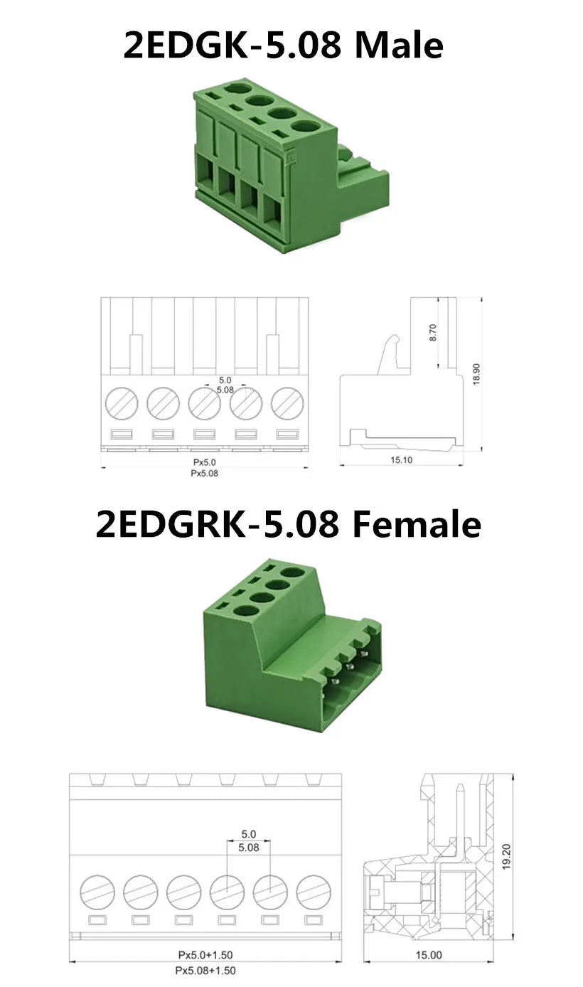 2EDG 5.08MM Solderless Butt Connection Plug-In Type 5.08mm Pitch Pluggable Green Terminal Block Screw Terminal Block Connector
