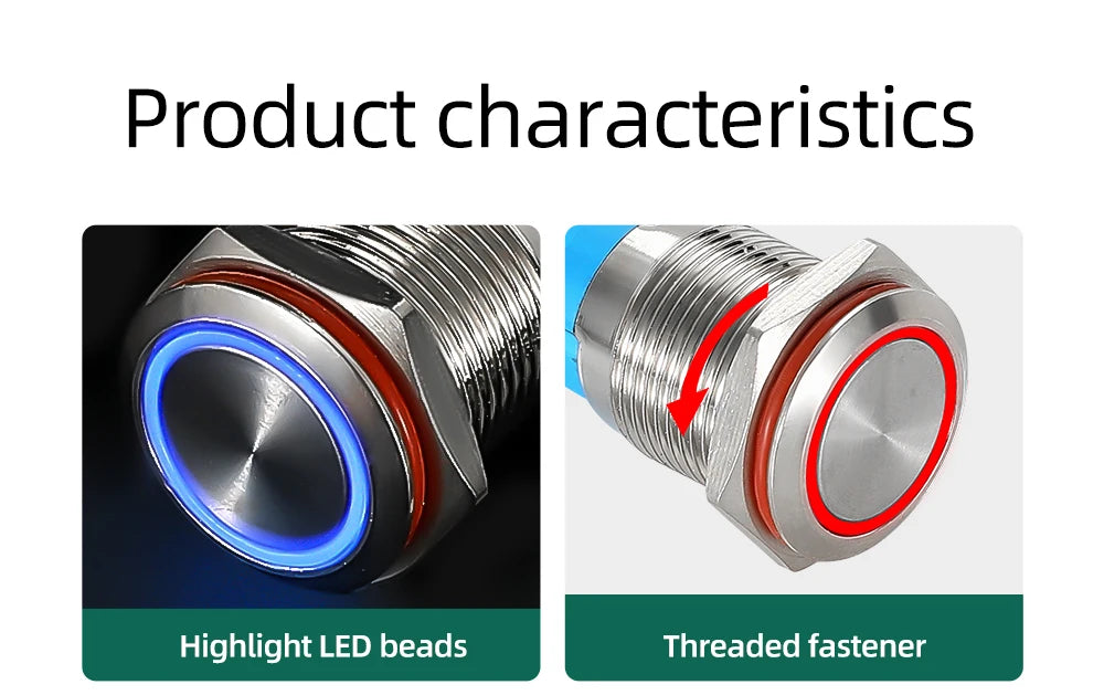 12/16mm Flat LED Illuminated Reset Latching Ring LED Metal Push Button Switch Waterproof On Off with Power Symbol