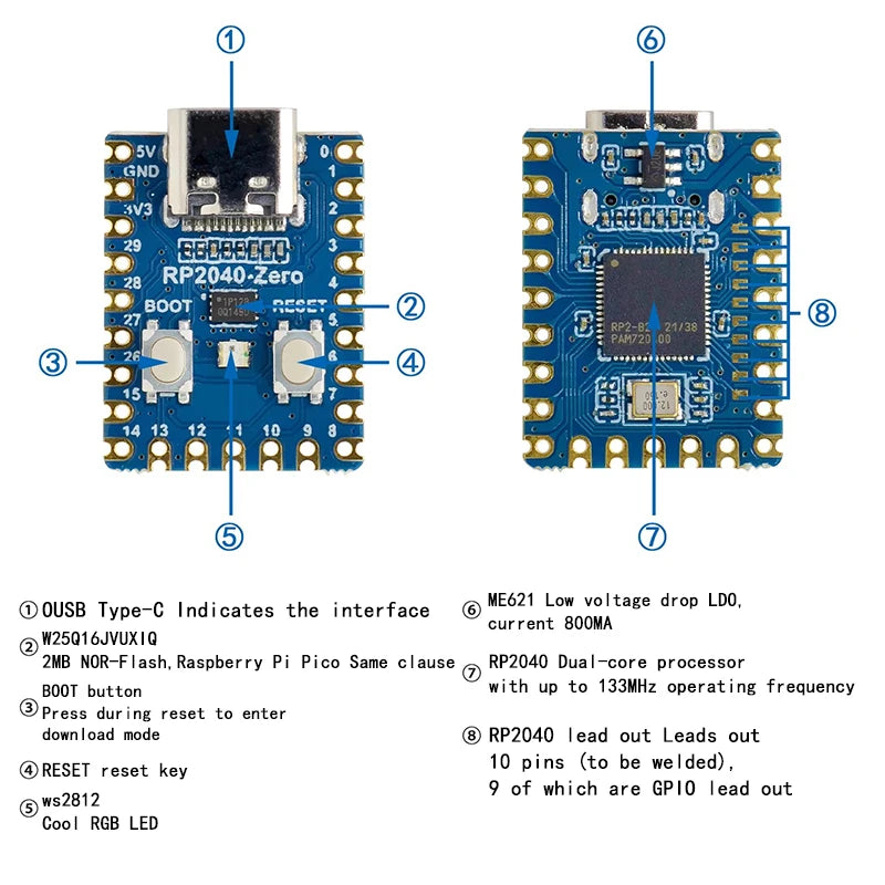 1-10PCS RP2040-Zero RP2040 for Raspberry Pi Microcontroller PICO Development Board Dual-core Cortex M0+ Processor 2MB Flash XCW