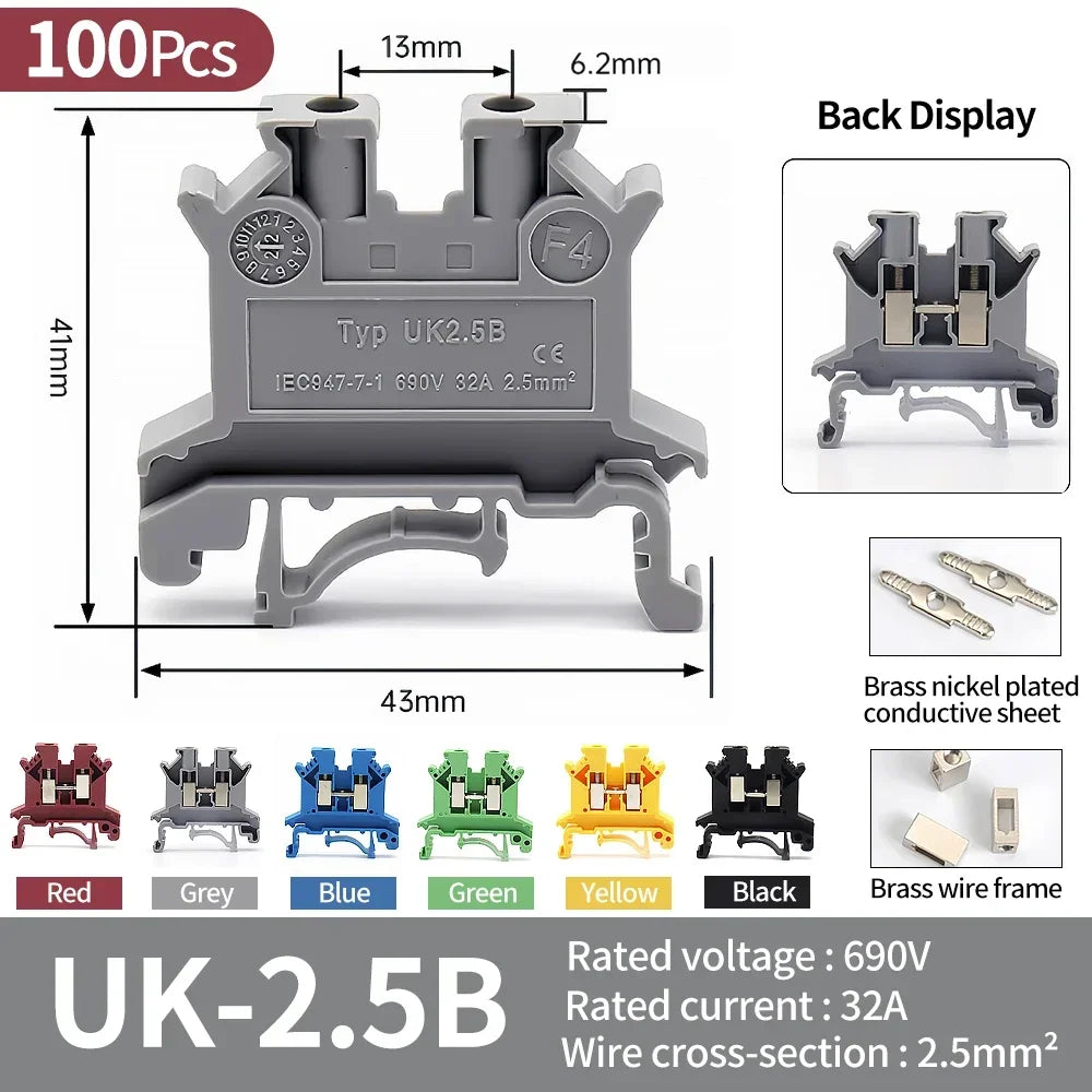 UK-2.5B DIN Rail Universal Brass Block Screw Clamp Wiring Voltage Terminal UK1.5N/3N/5N/6N/10N/16N/25N/35N/50N