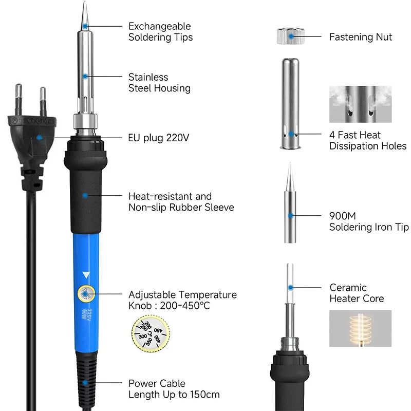 Adjustable Temperature 220V 60W Soldering Iron Set DIY Circuit Welding Repair Tool Household Set Internal Heating Temperature