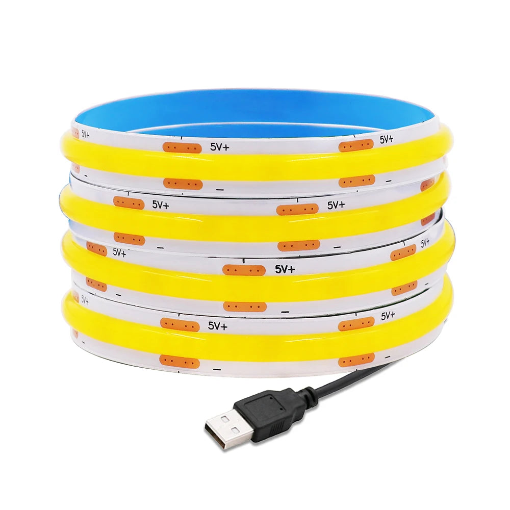 12V 5V USB COB LED Strip Light With 2Pin Wire 320 384 480 528 LEDs Flexible Tape Linear Lighting Warm White Pink Blue Red Yellow