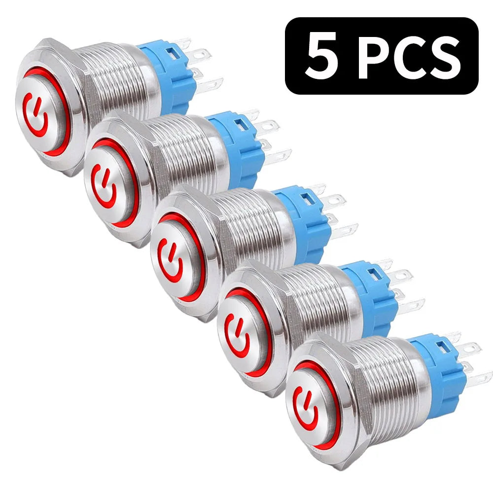 5 PCS 16mm 19mm 22mm Metal Push Button Switch 12v Ring Power Buttons Waterproof LED Light Self-lock Self-reset 220V High Head