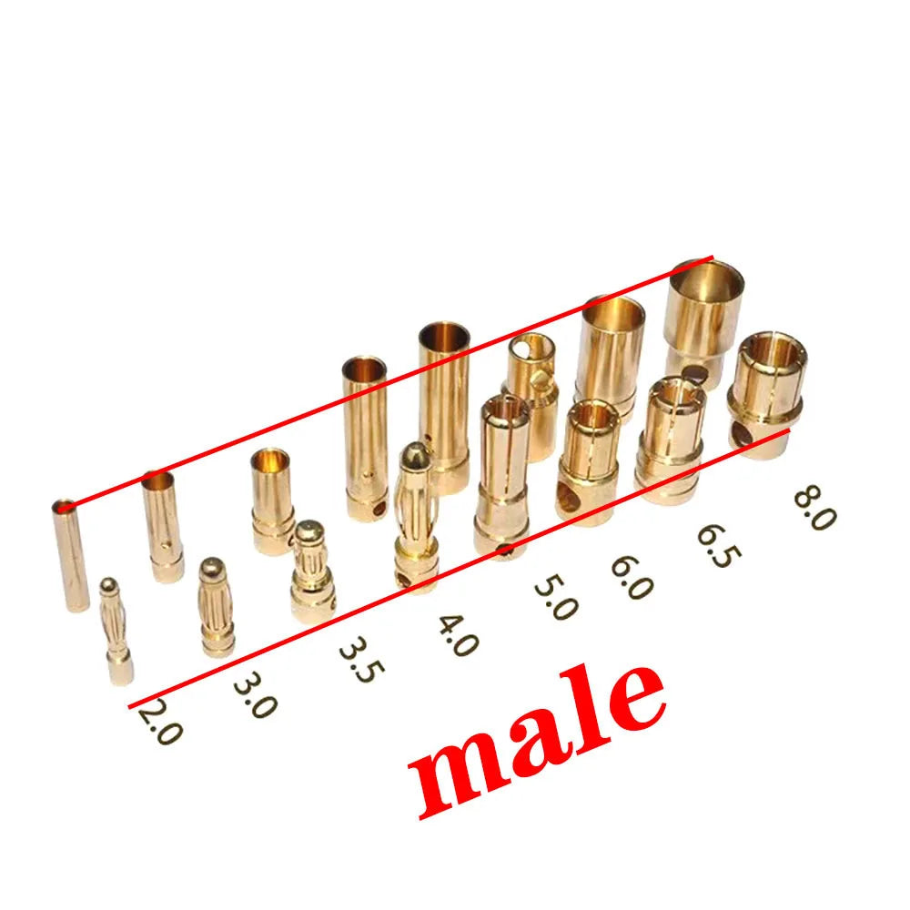 1-10pcs 2.0mm 3.0mm 3.5mm 4.0mm 5.0mm 5.5mm 6mm 6.5mm 8mm Gold-plated Bullet Plug High Current Banana Connector for RC Lipo