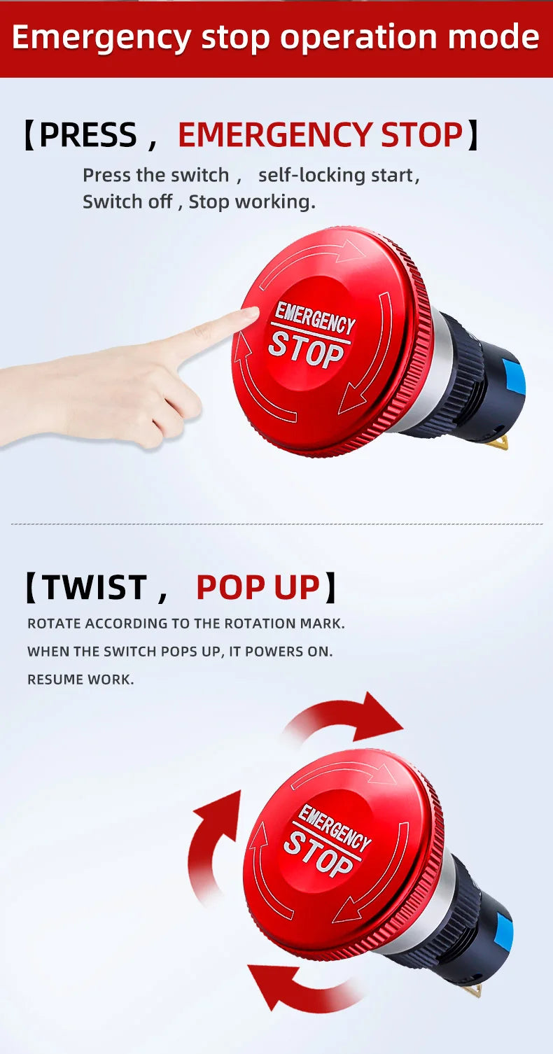 Metal Emergency Stop Button Switch 16/19/22mm Mushroom head Waterproof Stainless steel  Press Rotary Power off STOP 1NO1NC2NO2NC