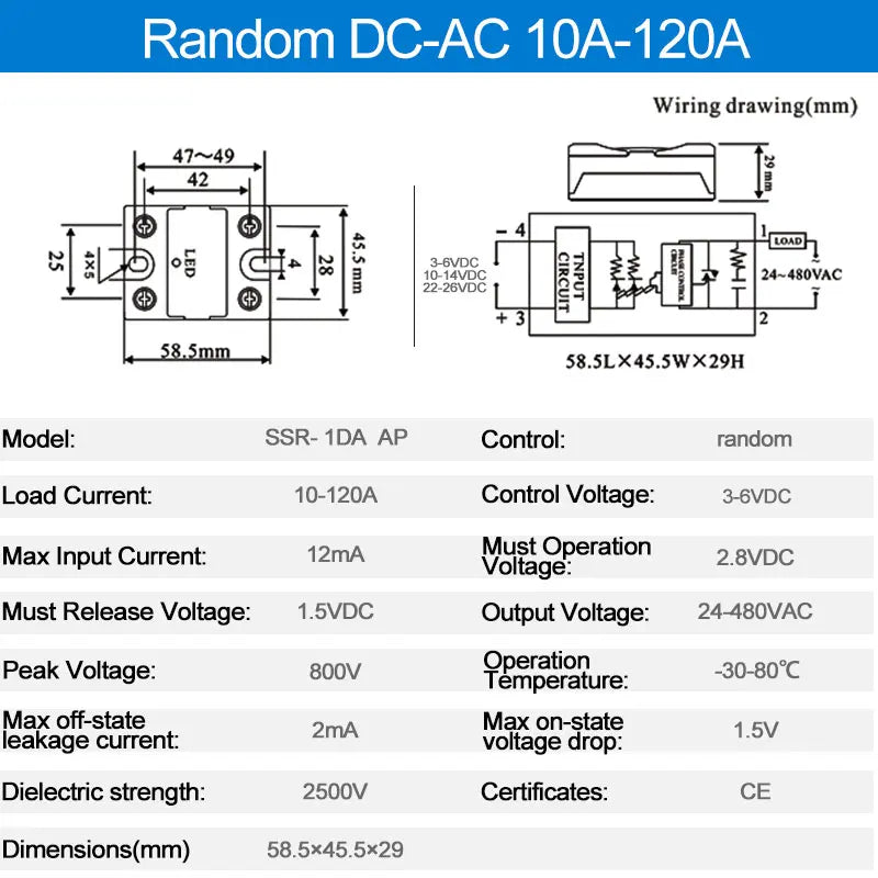 LCTC SSR Random Solid State Relay 10A 25A 40A 60A 80A 100A 120A DC Control AC Single Phase Control 3-6VDC 24-480VAC