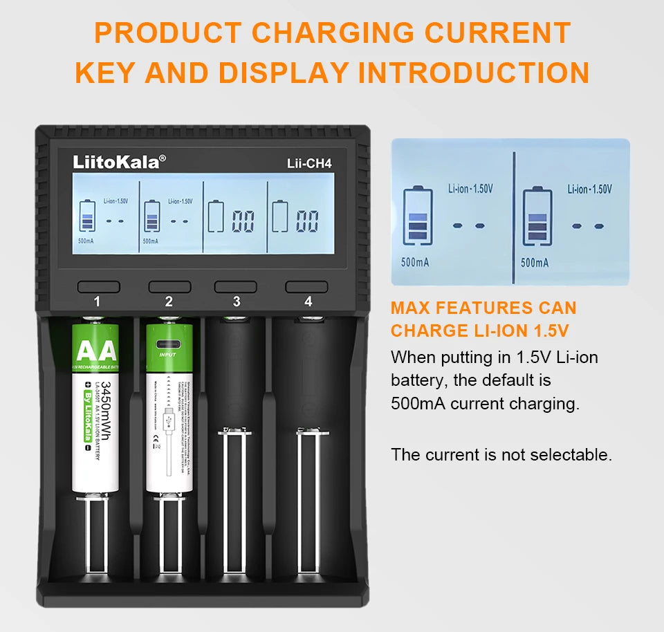 LiitoKala Lii-CH4 Smart Charger for 18650/21700/26650/AA/AAA/Ni-MH/Li-ion,1.2V/1.5V 4-Slot Fast Charge, USB-C, Auto Detect