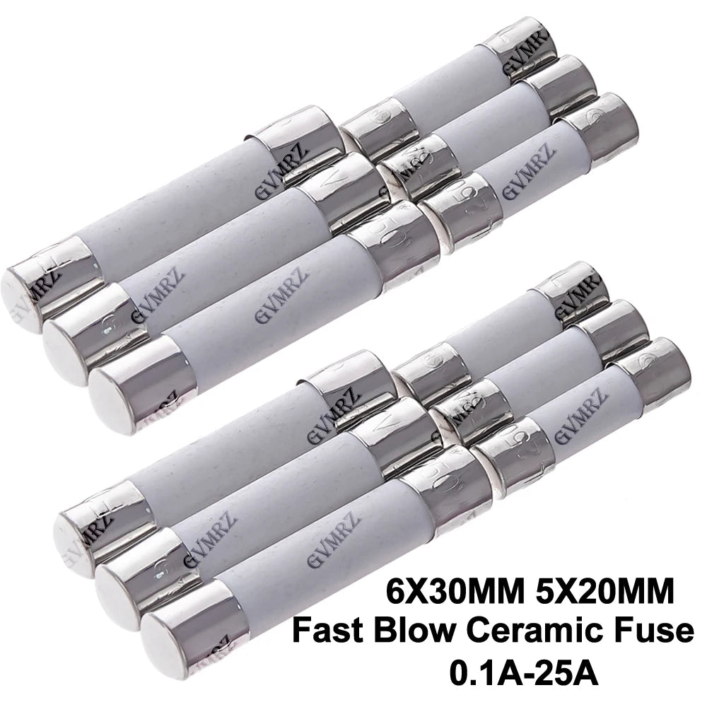 10PCS 0.1A 0.25A 6X30MM 5X20MM Fast Blow Ceramic Fuse 5*20mm 250V 2A 2.5A 3A 3.15A 0.1A-25A Slow Break The Fuse Tube 0.5A 6*30mm