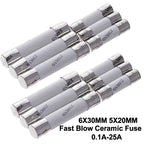 10PCS 0.1A 0.25A 6X30MM 5X20MM Fast Blow Ceramic Fuse 5*20mm 250V 2A 2.5A 3A 3.15A 0.1A-25A Slow Break The Fuse Tube 0.5A 6*30mm