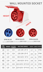 1 PCS 32A Aviation Industry Plug Socket Connector 3P/4P/5P IP44 Waterproof Surface Installation Wireless Concealed Installation