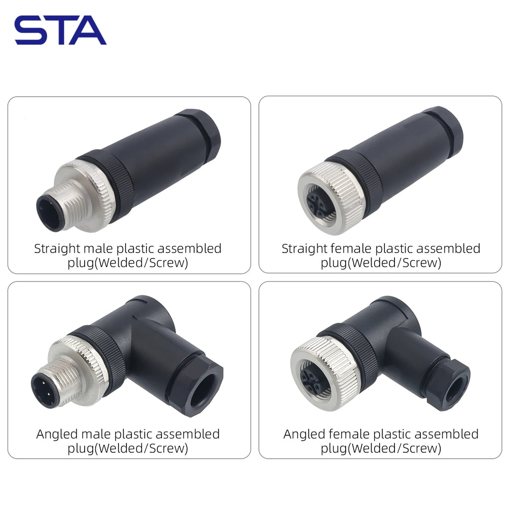 M12 Screw Termination Plastic Field Plug NMEA2000 5 Pin Straight Angled IP67 Waterproof 3 4 6 8 Poles Sensor Connectors PG7 PG9