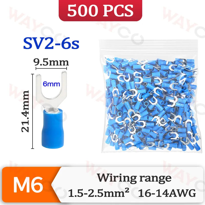 500PCS Fork Crimp Terminal M4/M5/M6 Spade Plugs Pre-insulated Ferrules Lugs For Splice Electricals Cable Wire End Connectors
