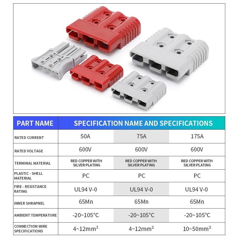 2pcs 50A 75A 175A 3P Battery Power Connector Kit Quick Disconnect Plug 600V Car Forklift Battery Charging Electrical Connectors
