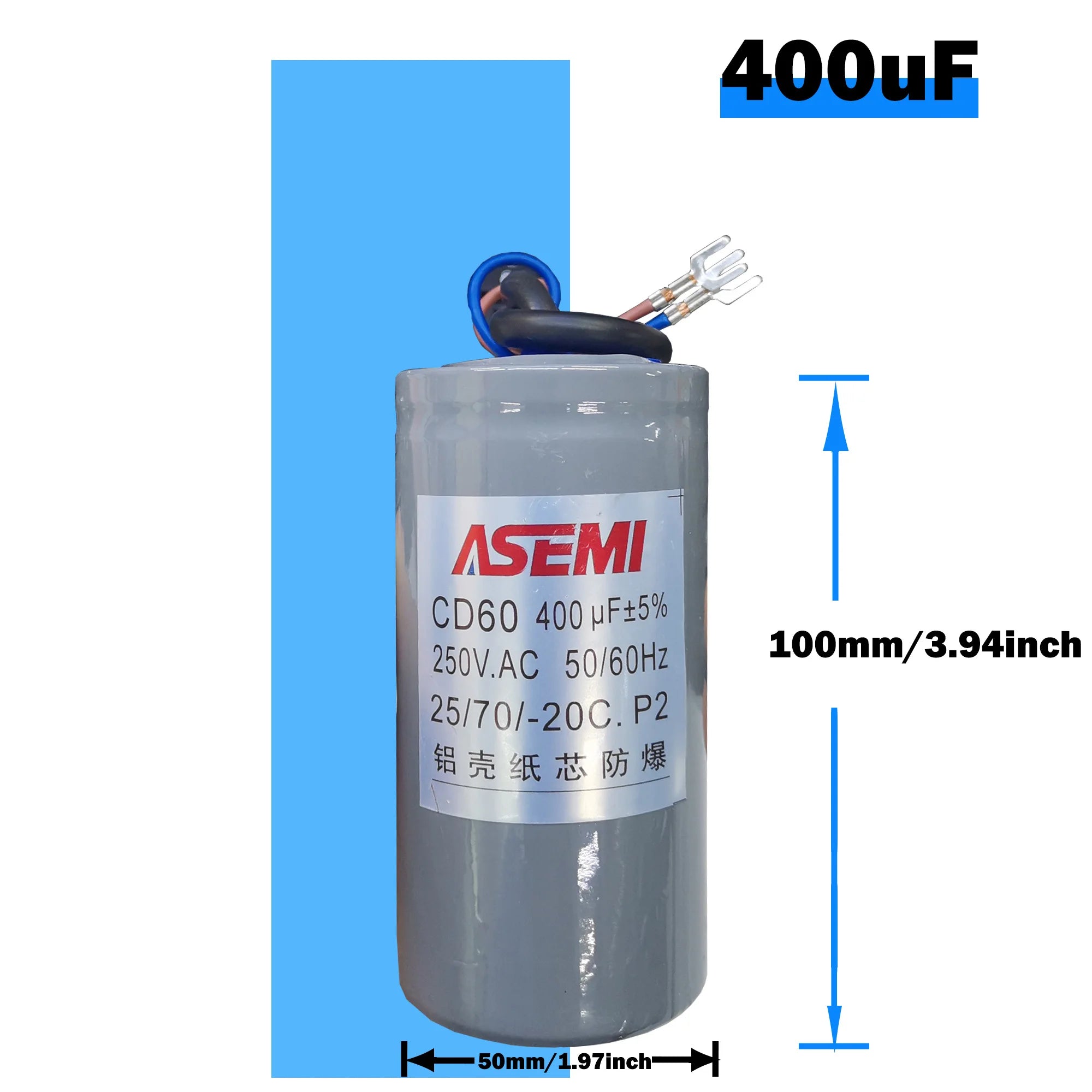 CD60 P2 250V AC 50/60Hz Starting Capacitor Startup Aluminum Shell Paper Core 75uF 100uF 150uF 200uF 250uF 300uF