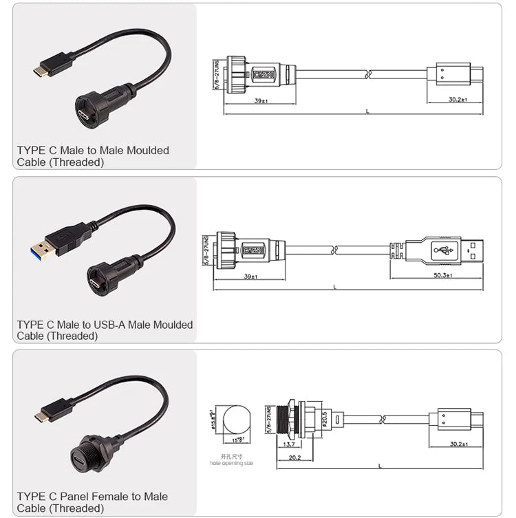 CAZN Waterproof IP67 IP68 Type C Female to Male PFC Flat Cable 3.1 Speed Threaded-type Type-C 3.1 10GB 3A 20V