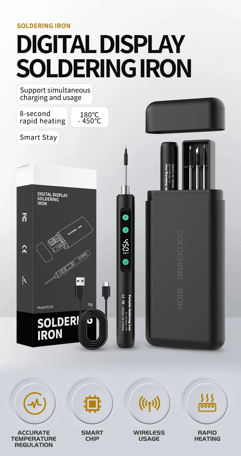 JCD Wireless Soldering Iron Portable 180-450 °C Adjustable Temperature built-in battery with 3Tip Soldering Tool Kit USB-5134
