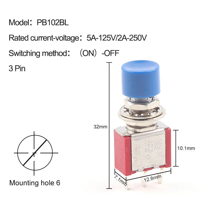 5PCS 3Pin C-NO-NC Reset Latching Toggle Switch Automatic return Push Button (ON)-OFF 5A125V/2A250V 6mm Mini Toggle Switches