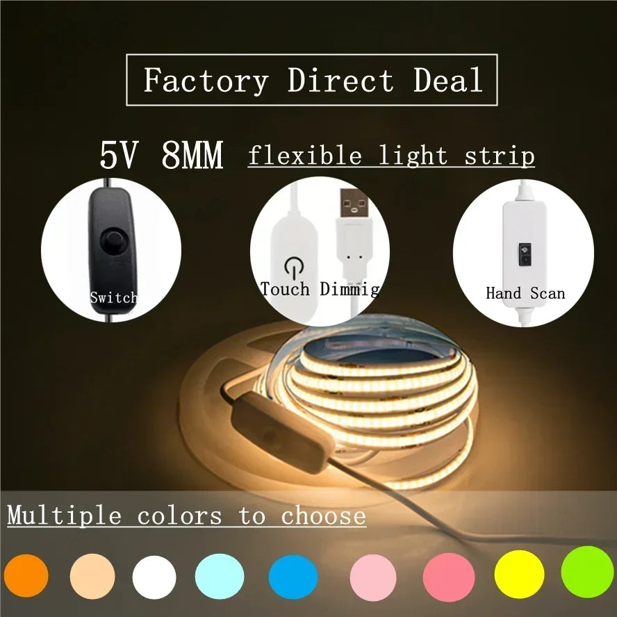 1-5M 5V USB LED Cabinet Light 320LEDs/M LED COB Strip Light Touch Sensor Dimmable Flexible Tape for DIY Backlight Decor Lighting
