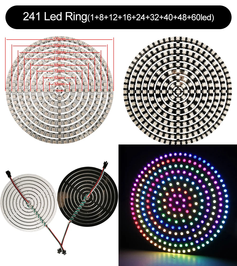 DC5V WS2812B DIY LED Ring 8 to 241 Pixels 5050 RGB Individually Addressable WS2812 Round Modules With 17Keys Music RF Controller