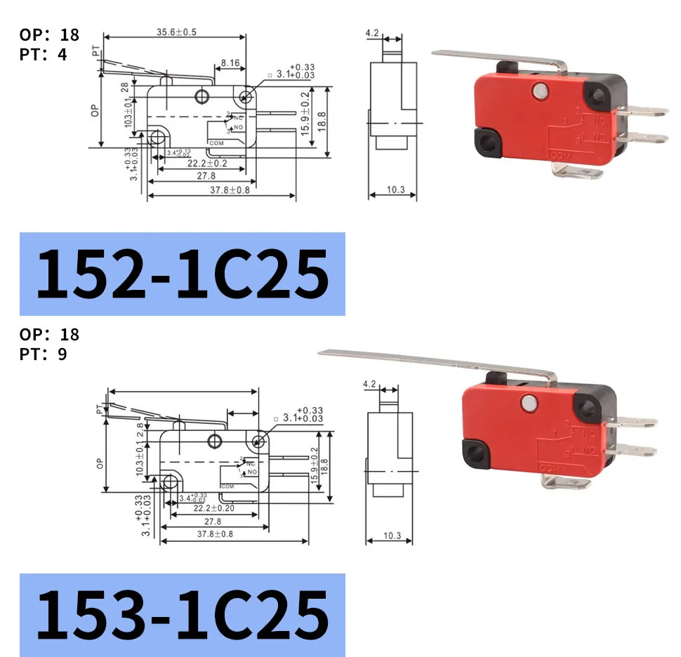 10Pcs Hinge Roller Lever Arm SPDT 1NO 1NC Snap Action Micro Switch,250W ~1500W optional.Lead Limit Switch
