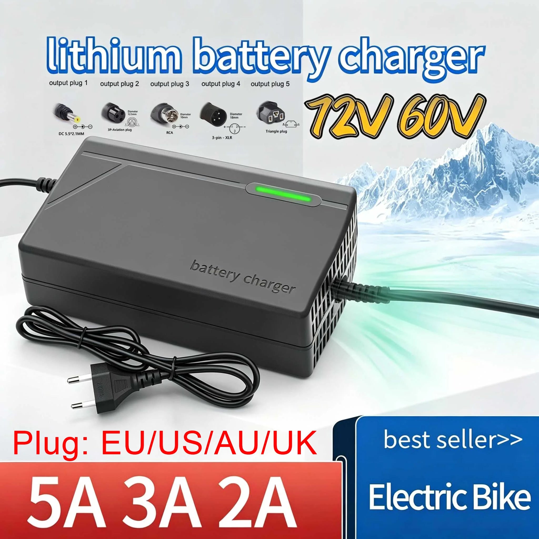 72V 60V 2A/3A/5A 20S 16S 18650 Lithium Battery Charger DC 5.5*2.1mm, Multiple Plug Options, Intelligent Charger EU/US/UK/AU
