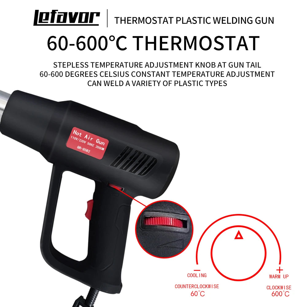 LEFAVOR 2000W Electric Hot Air Gun 220V Industrial Dual Wind Speed Temperature Controlled Building Hair Dryer Heat Gun Nozzle