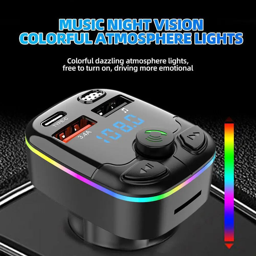 Car Bluetooth 5.0 FM Transmitter Type-C Dual USB Ambient Player Handsfree MP3 Type-C Wireless Light PD QC3.0 Car Charger Adapter
