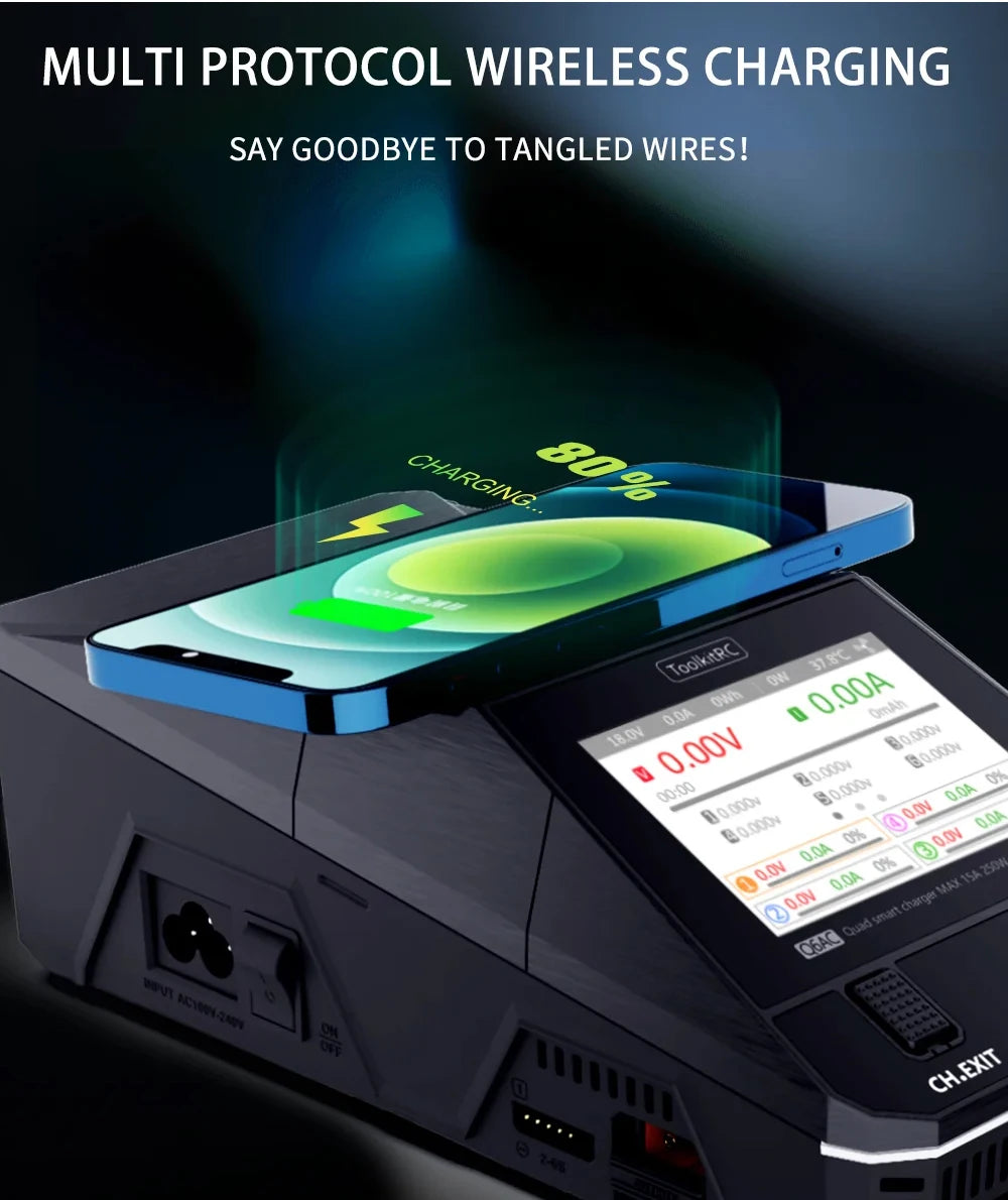 ToolkitRC Q6AC Charger AC 400W/ DC 1200W 4CH Built-in 65W USB Output 15W Wireless Charger For RC 1-6S Lipo LiHv Battery