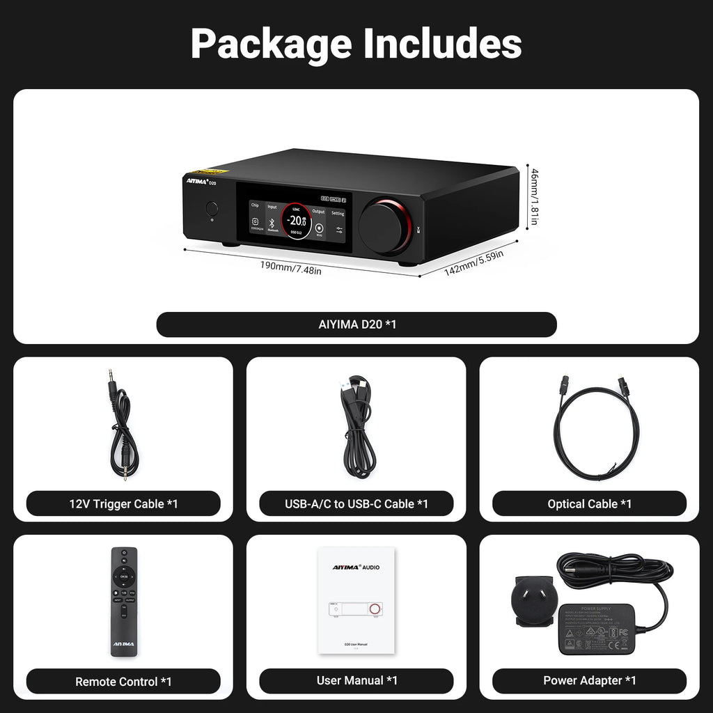 AIYIMA D20 HiFi DAC Decoder AK4493SEQ ES9039Q2M XMOS XU316 USB DSD512 Bluetooth 5.1 LDAC RCA XLR Audio Converter VU Meter