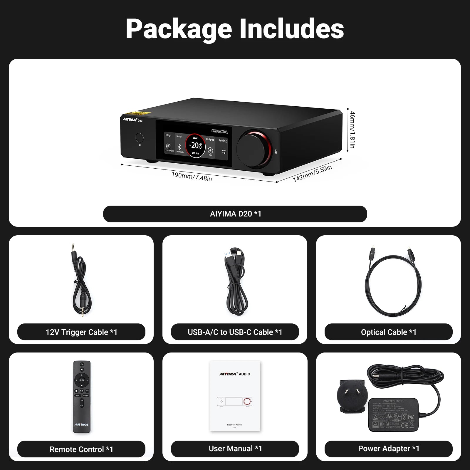AIYIMA D20 HiFi DAC Decoder AK4493SEQ ES9039Q2M XMOS XU316 USB DSD512 Bluetooth 5.1 LDAC RCA XLR Audio Converter VU Meter