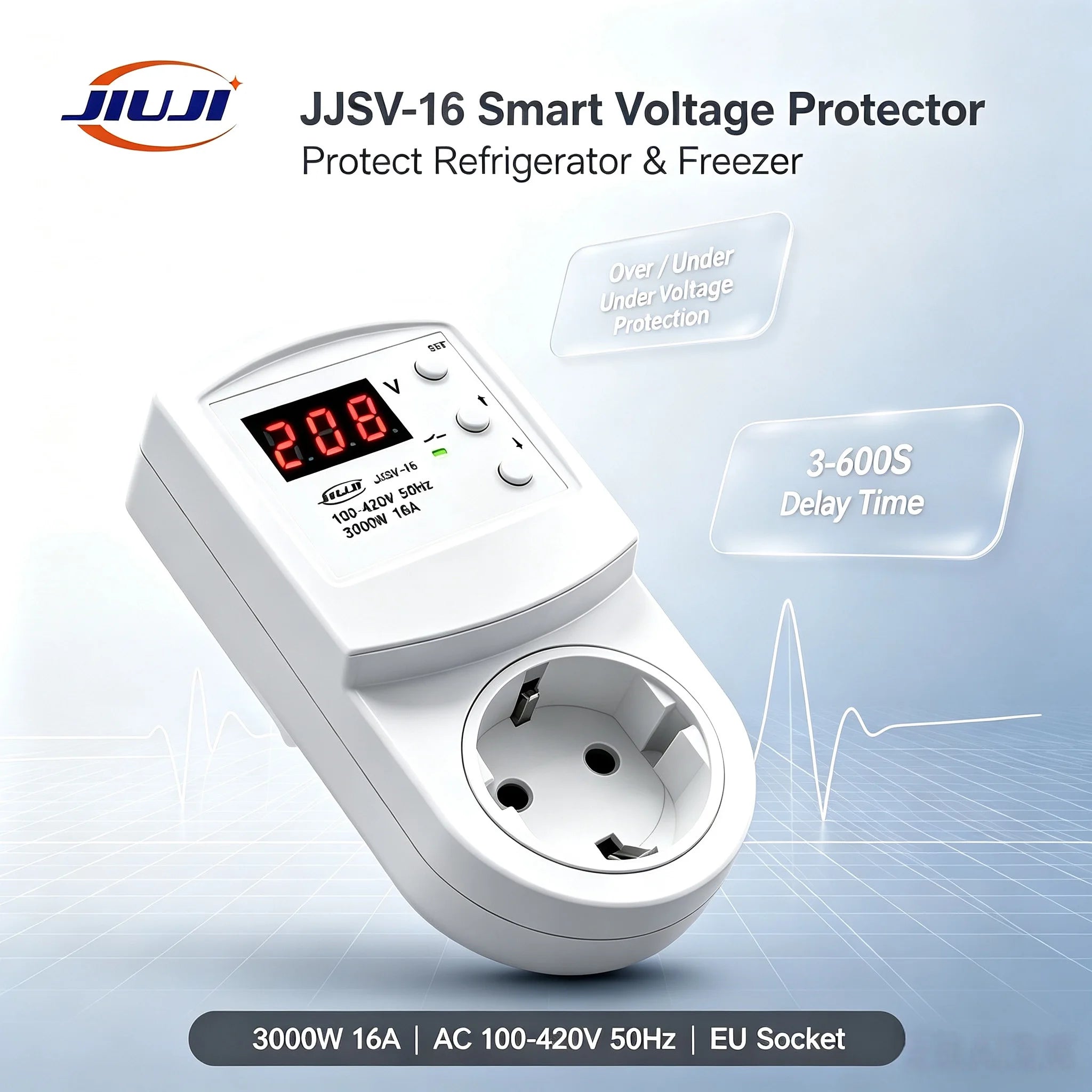 JJSV-16 Smart Plug 16A Voltage Protector for Refrigerator Freezer – Digital Over/Under Voltage Relay Surge Protector Socket