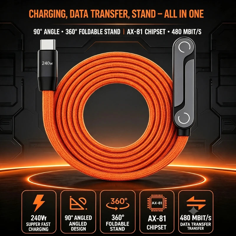 240W 2 in 1 USB C to USB C Fast Charging Foldable Bracket Data Cable Type C Desktop Holder Charging Wire For Iphone17 16 Samsung
