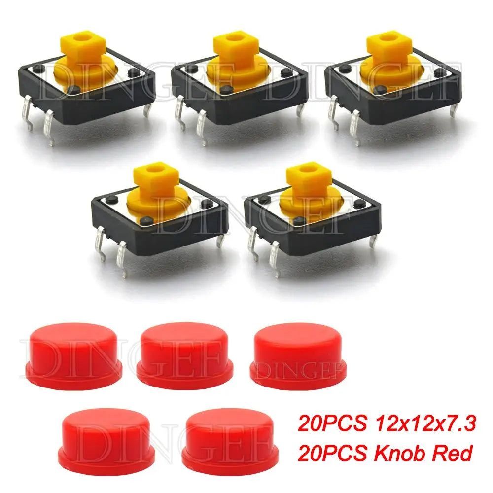 20PCS Tactile Push Button Switch Momentary 12*12*7.3MM Micro switch button with knob Yellow Green Red Kit 12x12x7.3