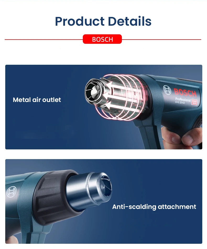 Bosch GHG20-63 Heat Gun Heavy Duty Plastic Welding Guns Digital Temperature Display Film Shrinking Sealing Thawing Paint Removal