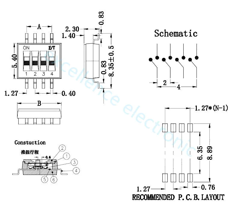 5Pcs SMD SMT 1.27mm DIP Switch Slide Type 1/2/3/4/5/6/8 Position for PCB Board