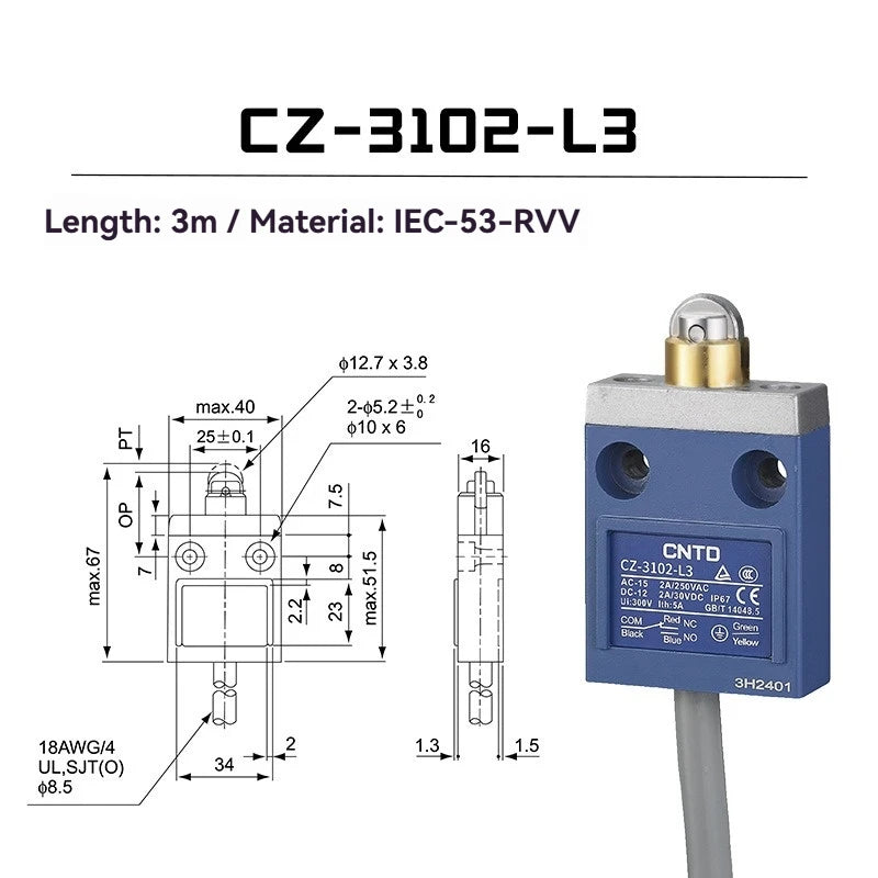 CNTD Micro Travel Limit Switch CZ‑3 Series CZ‑3101 CZ‑3104 CZ‑3108 CZ‑3112 IP67 Waterproof 5A 250V Position Control Switch