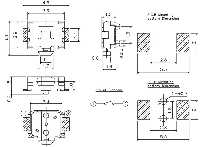 50PCS 3x4 2Pin 4Pin SMT 3.5x4.7mm Momentary Tactile Push Button Switch Phone Side Button Micro Switch PCB Mounting