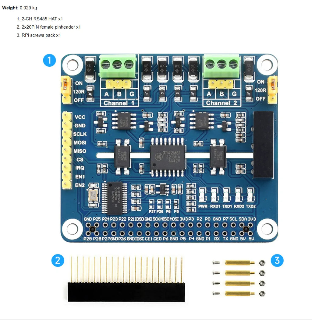 Waveshare 2-Channel Isolated RS485 Expansion HAT With Multi Onboard Protection Circuits. for Raspberry Pi