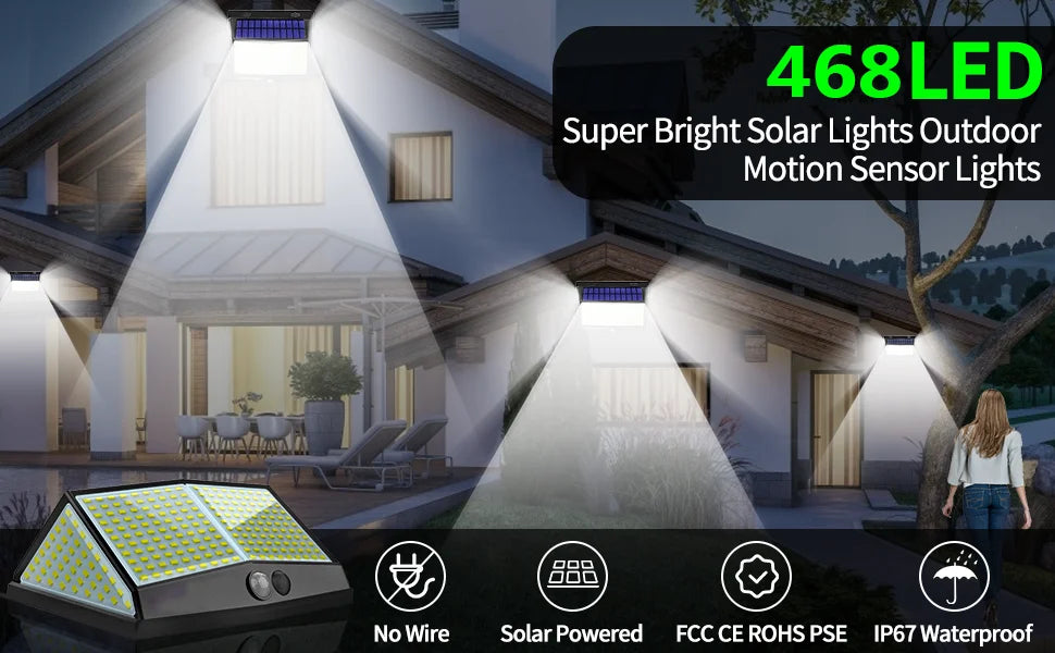 4pcs 468 LED Solar Led Lamp Outdoor Solar Light with Motion Sensor Wall Lights Waterproof Sunlight Powered for Garden Decoration