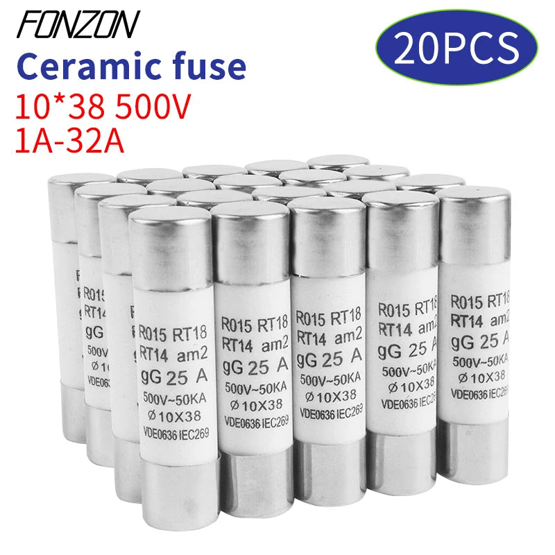 1 Box（20Pcs） 10*38 Fast Blow Ceramic Fuse 10x38mm 500V 1A 2A 3A 4A 5A 6A 8A 10A 16A 20A 25A 32A RO15  RT19 RT14 RT18