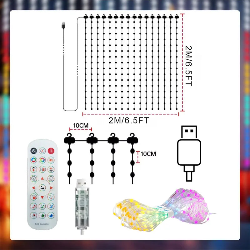 LED Christmas Curtain Light Holiday Fairy Lamp App Control Music Sync DIY Pattern Waterproof for Indoor Outdoor Party Home Decor