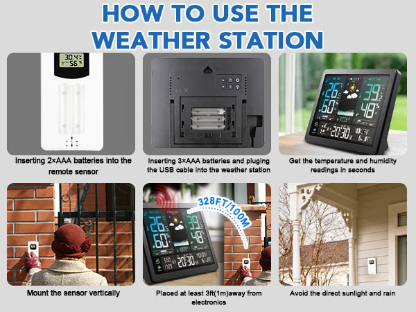 Wireless Weather Station Digital Indoor Outdoor Thermometer Hygrometer with 3 Remote Sensors Sunrise Sunset Forecast Alarm Clock