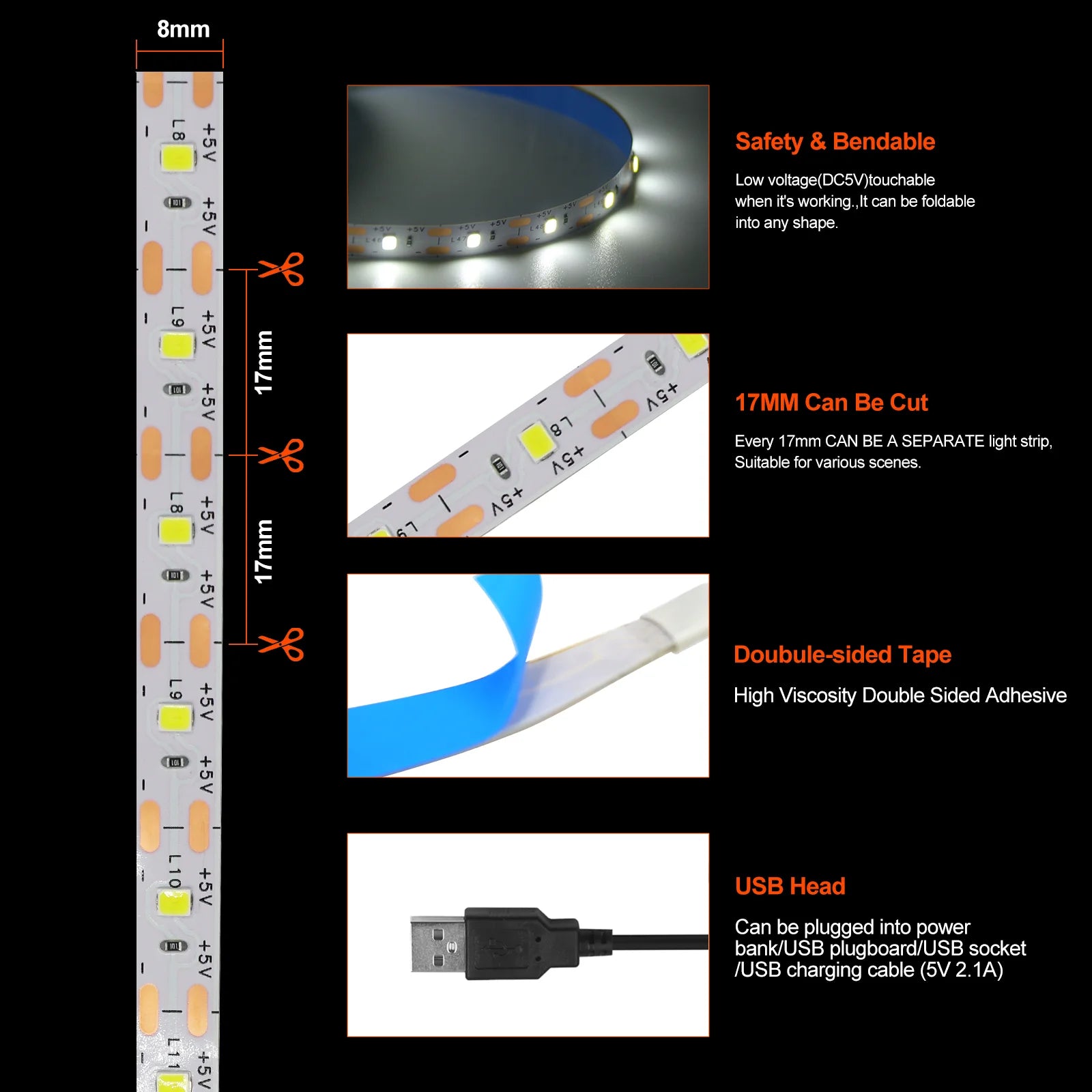 DC 5V USB LED Strips 2835 Warm Cold White LED Strip Light TV Backlight Lighting Tape for Room Decor 0.5m-5m LED String Light