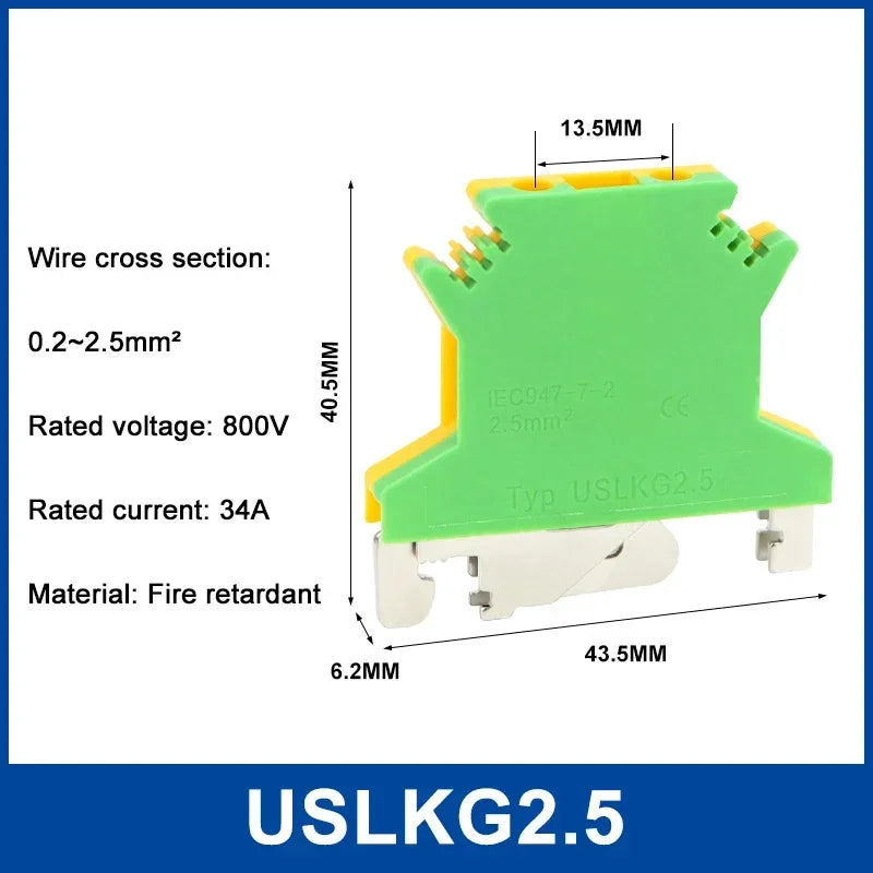 5Pcs USLKG-2.5/3/5/6/10N Terminal Block UK Yellow Green Ground Terminal Block Two-color 34A-101A 800V Rail Ground Terminal Block